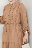 Kadın Fırfır Detaylı Düğmeli Bej Keten Elbise
