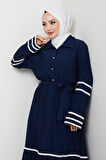 Kadın Çilek Kumaş Şerit Detaylı Kuşaklı Lacivert Elbise 