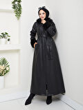 Kadın Kürk Detaylı Uzun Astarlı Siyah Kap 