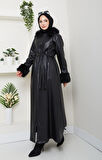 Kadın Kürk Detaylı Uzun Astarlı Siyah Kap 