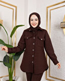 Kadın Cep Detaylı Kapitone Kumaş Çıtçıtlı Kahverengi Tunik