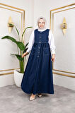 Kadın Düğmeli Bel Büzgülü Lacivert Kot Jile