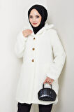 Kadın Kürk Kumaş Astarlı Düğmeli Beyaz Cepli Kaban