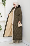 Kadın Uzun İçi Kürklü Kapişonlu Haki Kapitone Mont