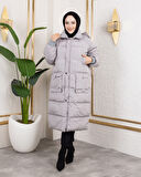 Kadın Kapüşonlu Fermuarlı Cepli Uzun Gri Mont