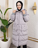 Kadın Kapüşonlu Fermuarlı Cepli Uzun Gri Mont