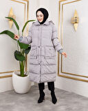 Kadın Kapüşonlu Fermuarlı Cepli Uzun Gri Mont