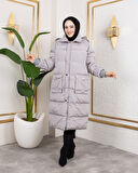 Kadın Kapüşonlu Fermuarlı Cepli Uzun Gri Mont