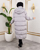 Kadın Kapüşonlu Fermuarlı Cepli Uzun Gri Mont