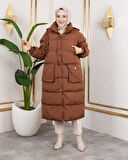 Kadın Kapüşonlu Fermuarlı Cepli Uzun Taba Mont