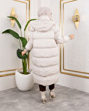 Kadın Kapüşonlu Fermuarlı Cepli Uzun Beyaz Mont