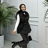 Kadın Astarlı Kemerli Rahat Kalıp Kürk Siyah Yelek