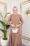 Kadın Kat Kat Ribanalı Bej Tesettür Elbise
