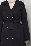 Kadın Düğmeli Kuşaklı Siyah Trençkot