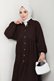 Kadın Düğmeli Kahverengi Ayrobin Elbise