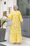 Kadın Düğmeli Desenli Sarı Modal Elbise