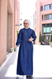 Düğmeli Uzun Kot Tesettür Elbise Koyu Mavi