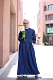 Düğmeli Uzun Kot Tesettür Elbise Koyu Mavi