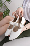Nesil Shoes Swell 01453 Beyaz Tokası Taşlı Kadın Babet