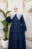 Kadın Düğmeli Dantel Yaka Lacivert Kot Elbise