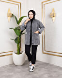 Kadın Cepli Düğmeli Koyu Gri Kot Ceket