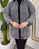 Kadın Cepli Düğmeli Koyu Gri Kot Ceket