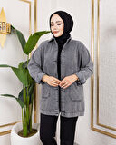 Kadın Cepli Düğmeli Koyu Gri Kot Ceket