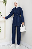 Kadın Düğmeli Kuşaklı Lacivert İkili Takım