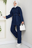 Kadın Düğmeli Kuşaklı Lacivert İkili Takım