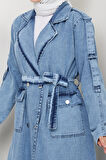 Kadın Cepli Kuşaklı Denim Mavi Trençkot