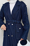 Kadın Cepli Kuşaklı Denim Lacivert  Trençkot