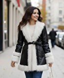 Kadın Tüylü Kemerli İçi Astarlı Deri Siyah Ceket