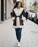 Kadın Tüylü Kemerli İçi Astarlı Deri Kahverengi Ceket