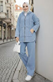Kadın Kapüşonlu Cepli Kot Mavi Tunik Pantolon Takım