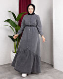 Kadın Düğmeli Kuşaklı Denim Koyu Gri Kot Elbise