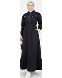 Kadın Cep Detaylı Fermuarlı Tesettür Siyah Kot Elbise