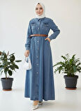 Kadın Düğmeli Kemerli Denim Kot Mavi Elbise