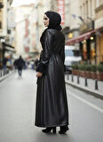 Kadın Yakası Tüylü Kuşaklı İçi Astarlı Tesettür Deri Siyah Kap