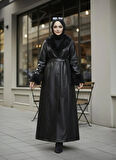 Kadın Yakası Tüylü Kuşaklı İçi Astarlı Tesettür Deri Siyah Kap
