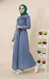 Kadın Boncuk İşlemeli Düğmeli Kuşaklı Kot Mavi Elbise