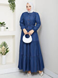 Kadın Dantel Detaylı Düğmeli ve Bağcıklı Koyu Kot Mavi Elbise