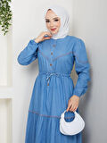 Kadın Dantel Detaylı Düğmeli ve Bağcıklı Açık Kot Mavi Elbise