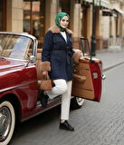 Kadın Kürk Detaylı Kemerli Cepli Koyu Kot Mavi Ceket