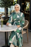 Kadın Kuşaklı Viskon Kumaş Tesettür Yeşil Elbise
