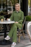 Kadın Düğmeli Kuşaklı  Çilek Kumaş Tunik Pantolon Haki İkili Takım