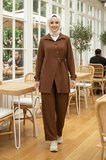 Kadın Düğmeli Kuşaklı  Çilek Kumaş Tunik Pantolon Kahverengi  İkili Takım