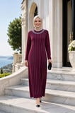 Kadın Taş İşlemeli Kristal Kumaş  Uzun Tesettür Bordo Elbise