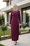 Kadın Taş İşlemeli Kristal Kumaş  Uzun Tesettür Bordo Elbise