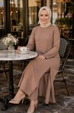 Kadın İnci İşlemeli Bej Tunik-Pantolon İkili Takım 