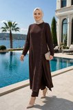 Kadın İnci İşlemeli Kahverengi Tunik-Pantolon İkili Takım 